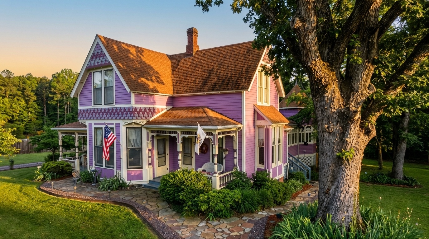 Colorful Victorian homes on a winding street