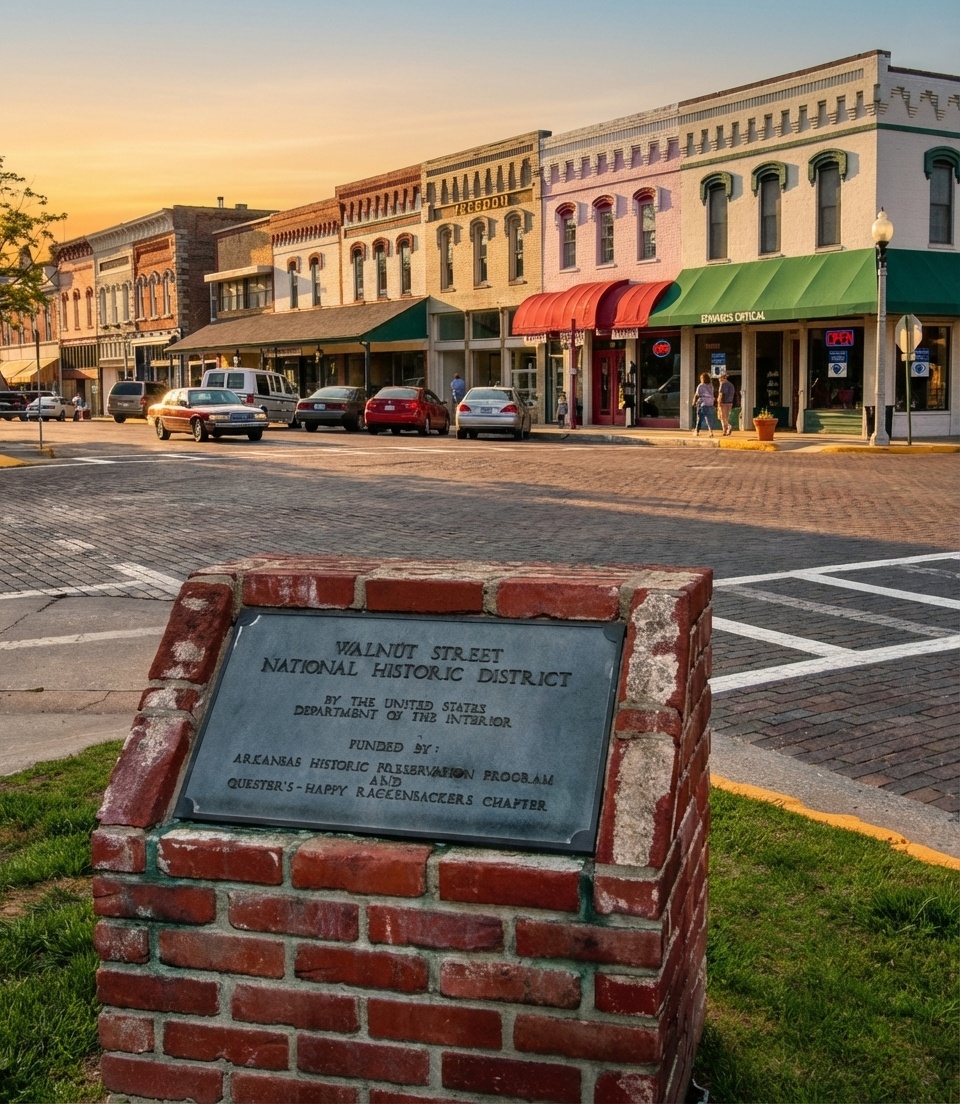 Brick streets and shops in Downtown Rogers