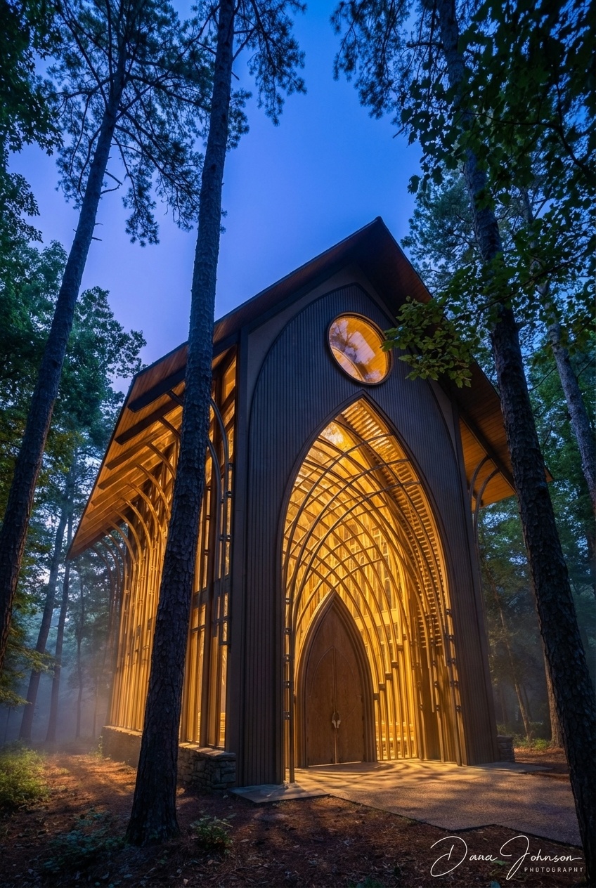 Glass wall chapel in woods at Mildred B Cooper Chapel