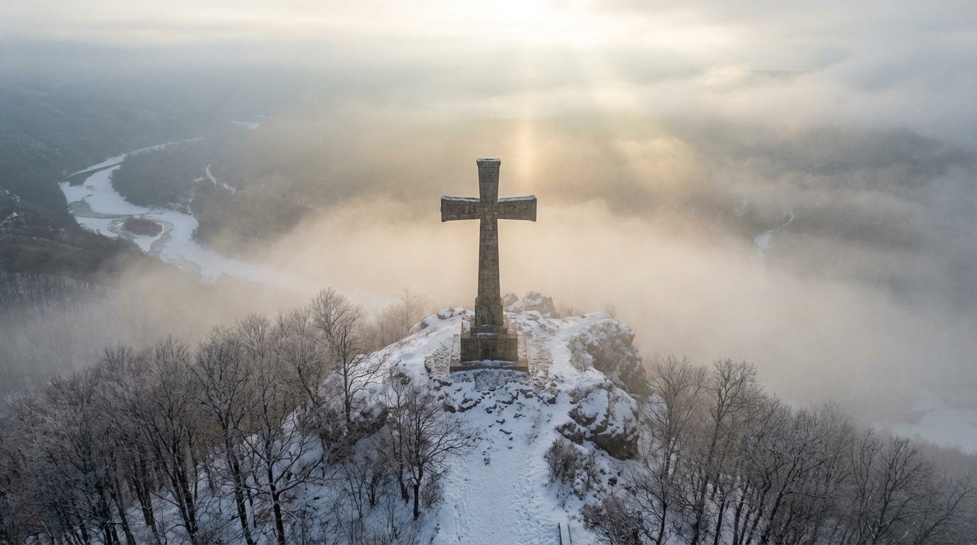 Lighted cross at Mount Sequoyah during sunset