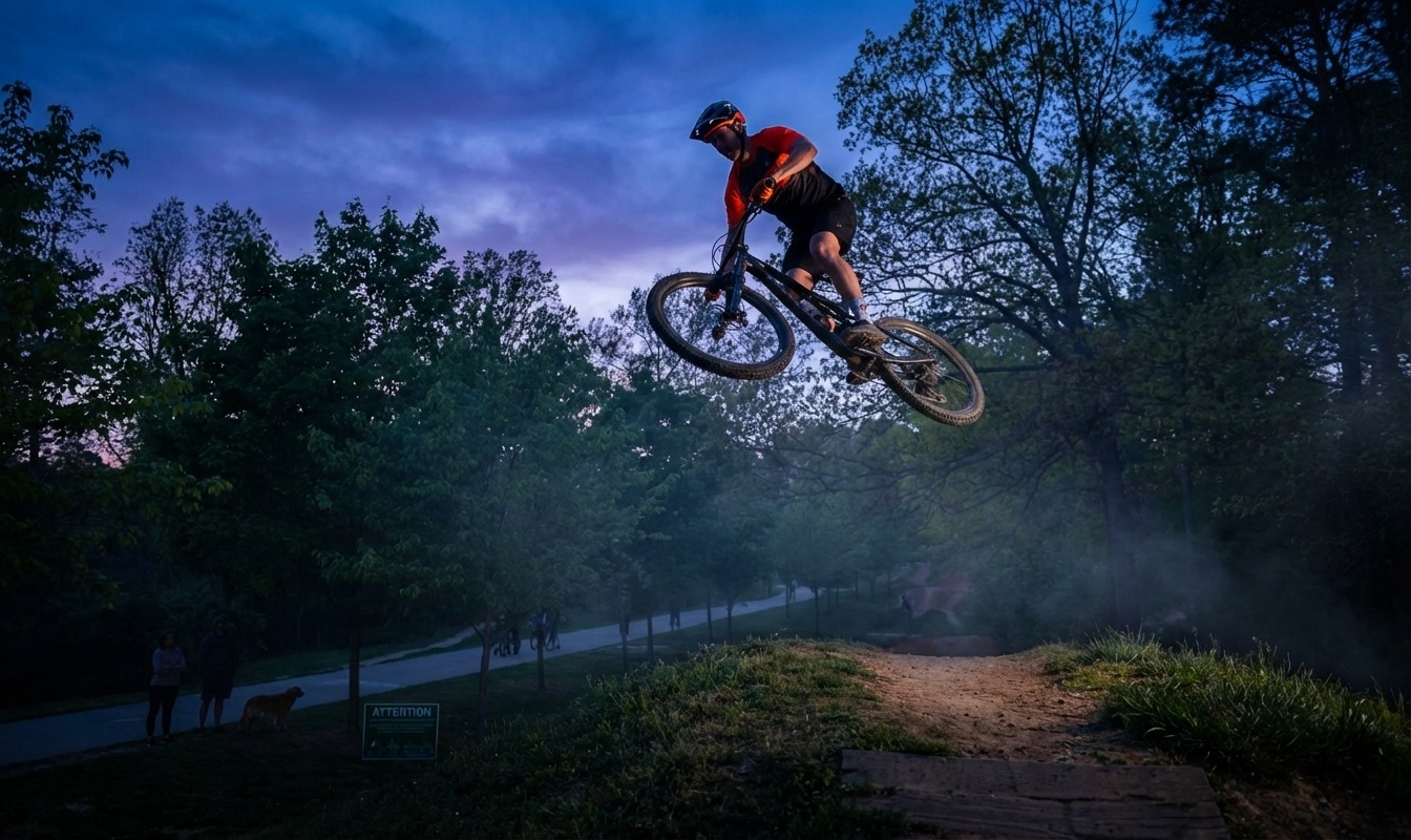 Mountain biker hitting a jump at Slaughter Pen