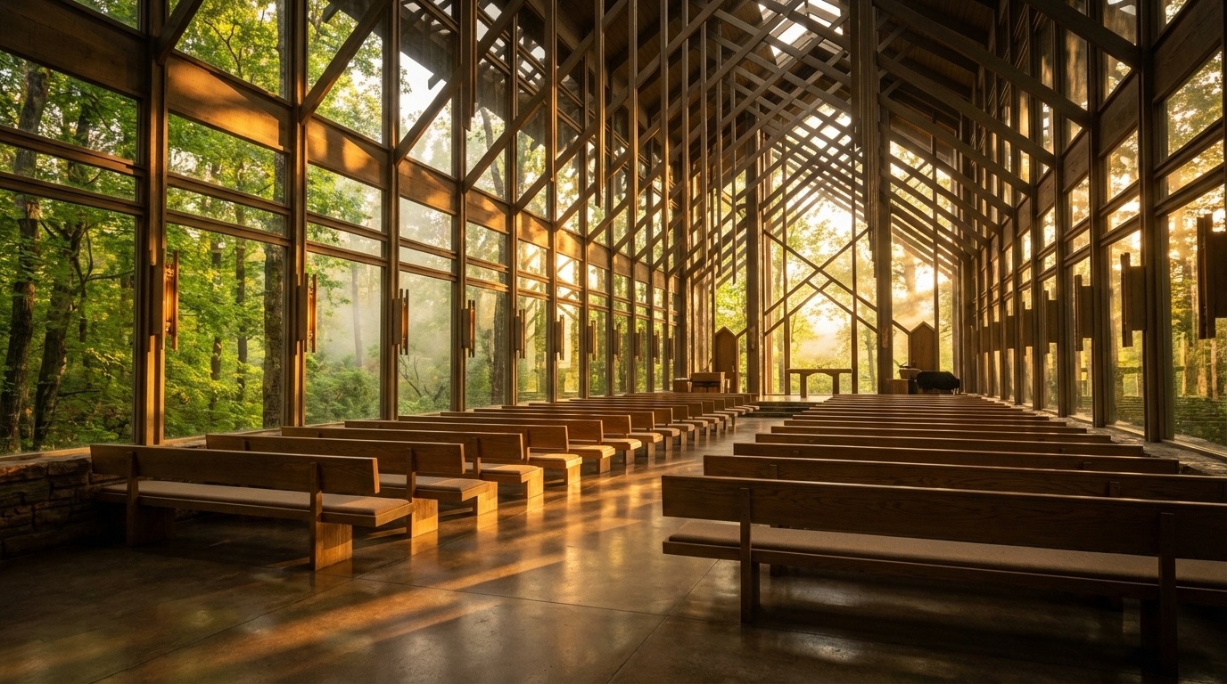Interior view of Thorncrown Chapel with light filtering in